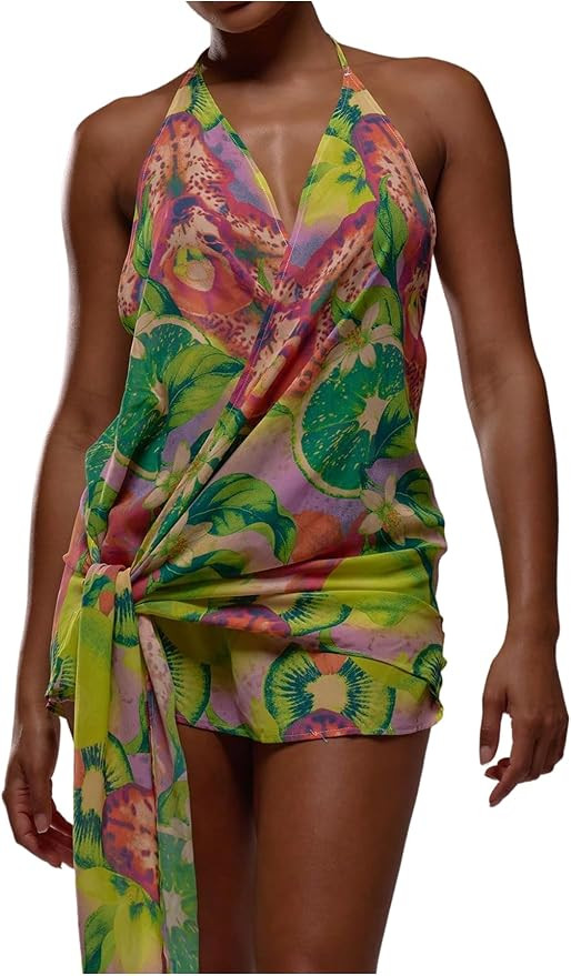 OYOANGLE Women's Floral Halter Dress Tie Backless Wrap Club Mini Dress | Amazon (US)