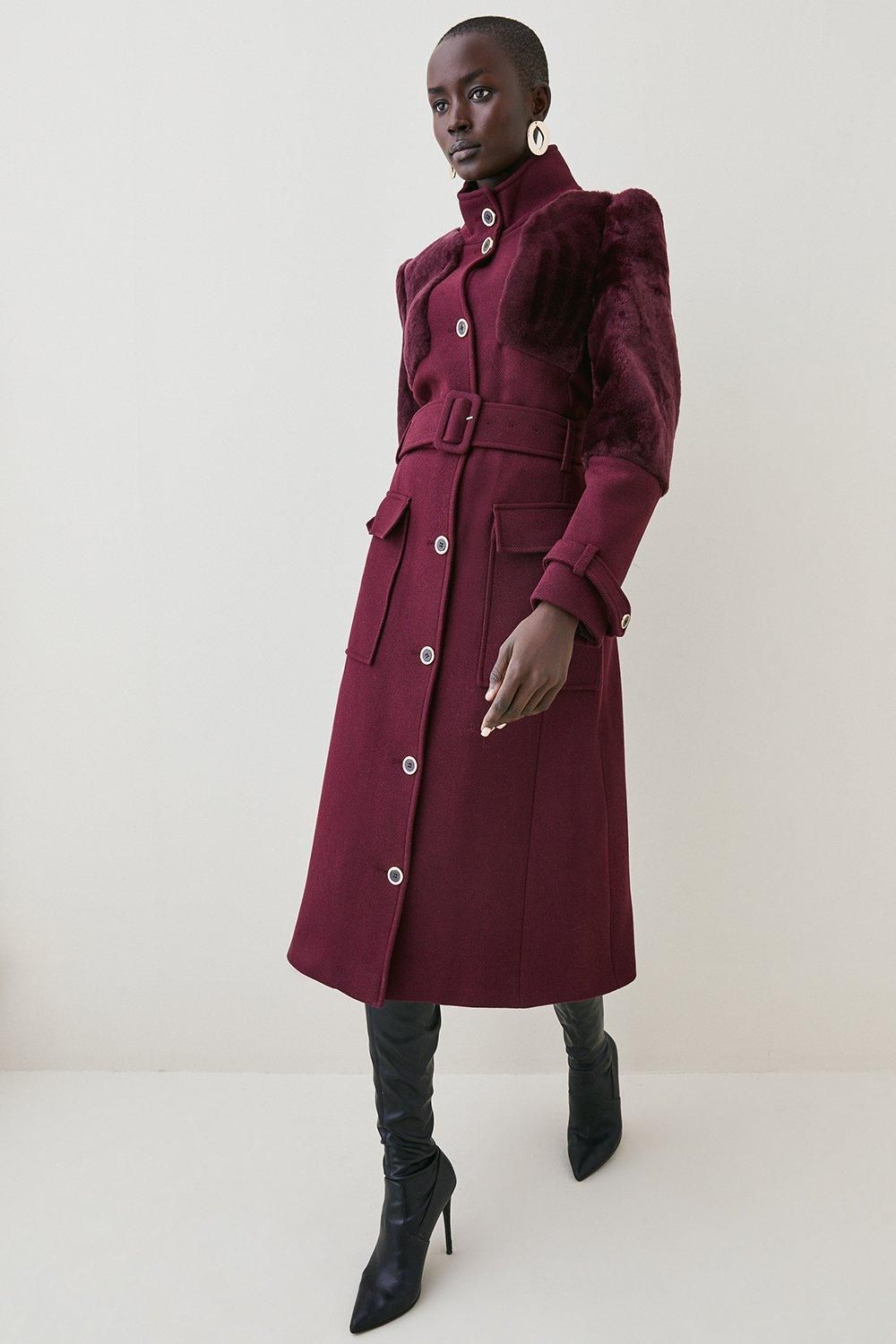 Italian Wool Sheepskin Panelled Belted Coat | Karen Millen UK + IE + DE + NL