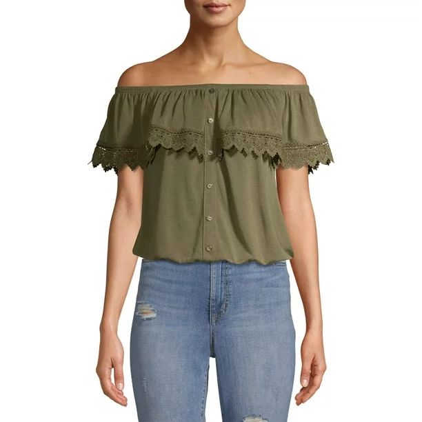 No Boundaries Juniors' Off-the-Shoulder Button Front Top with Crochet Trim | Walmart (US)