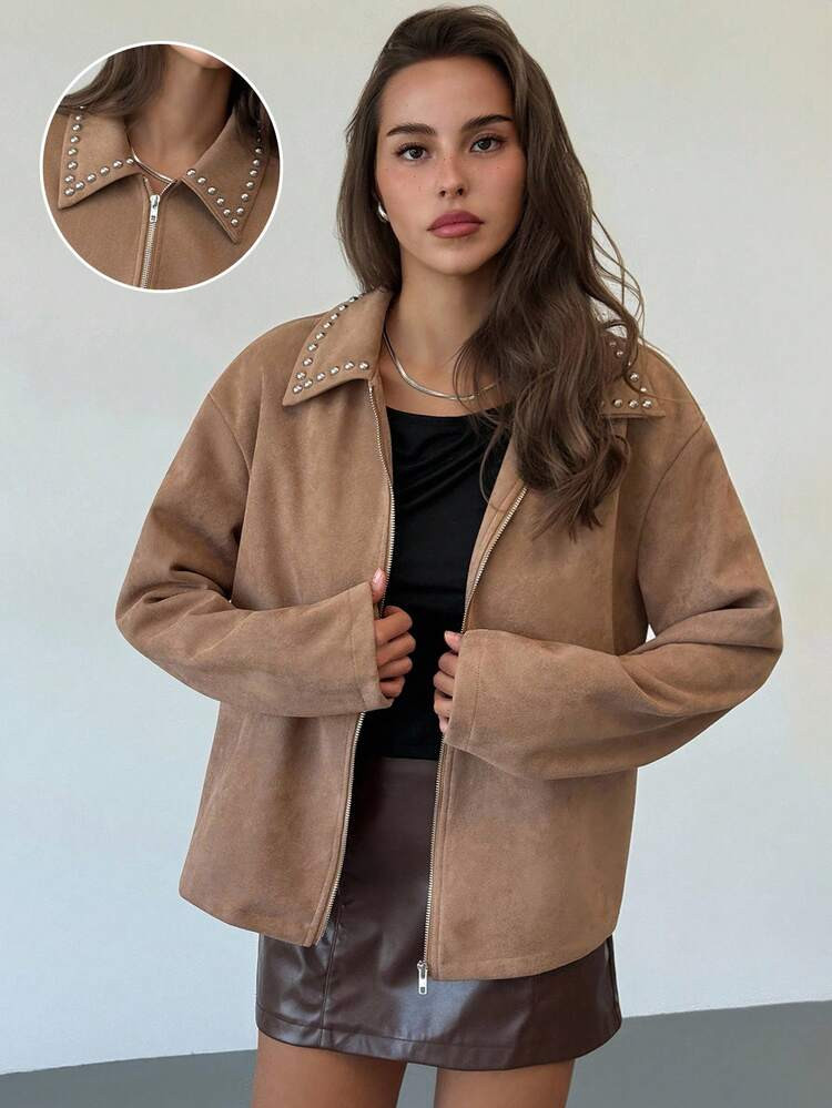 Aloruh Women's Autumn Beaded Collar Drop Shoulder Long Sleeve Zipper Front Casual Loose Regular Jacket | SHEIN