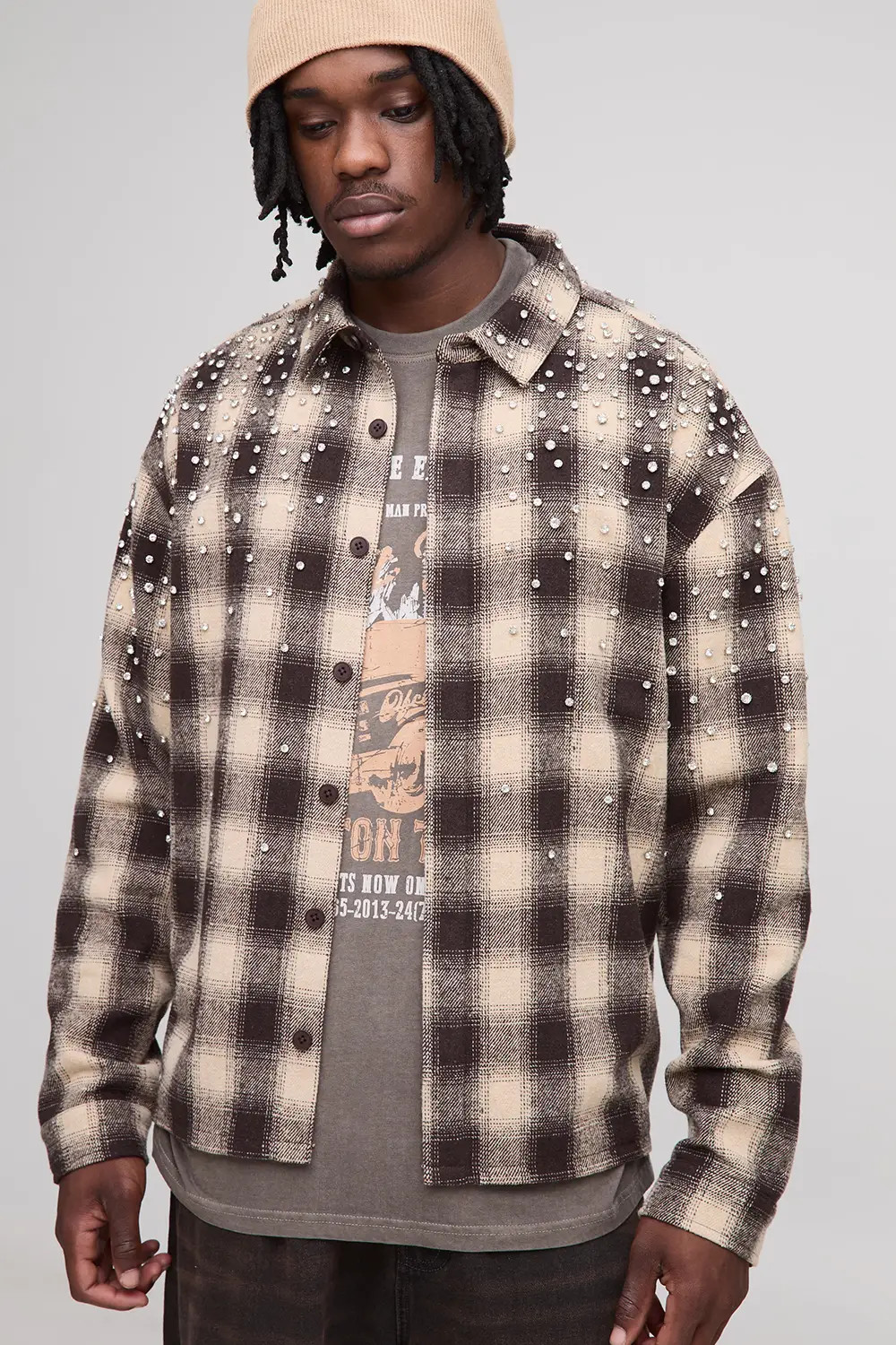 Chocolate boohooMAN Tall Oversized Rhinestone Embellished Heavyweight Check Overshirt | Boohoo US... | boohoo (US & Canada)