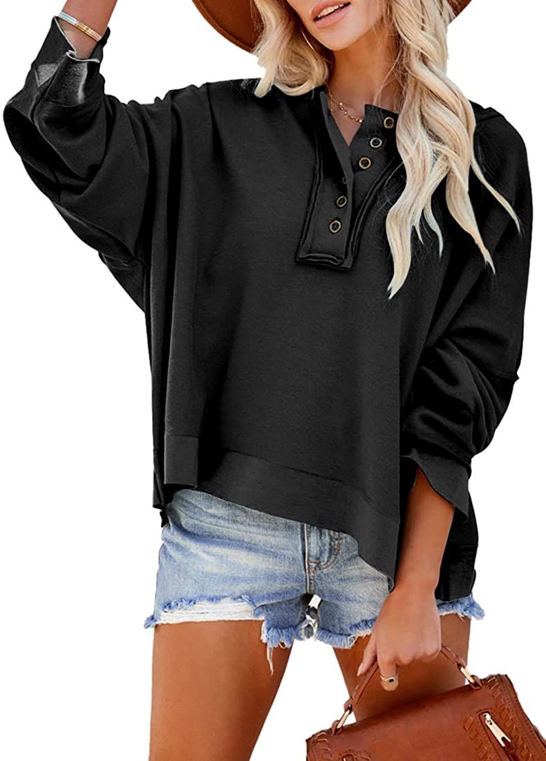 Amazon.com: HOTAPEI Womens Casual V Neck Sweatshirt Long Sleeve Loose Button Up Ribbed Knit Hoodi... | Amazon (US)