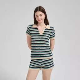 Women's Short Sleeve Crochet Sweater Polo Top - Universal Thread\u2122 Blue Striped M | Target