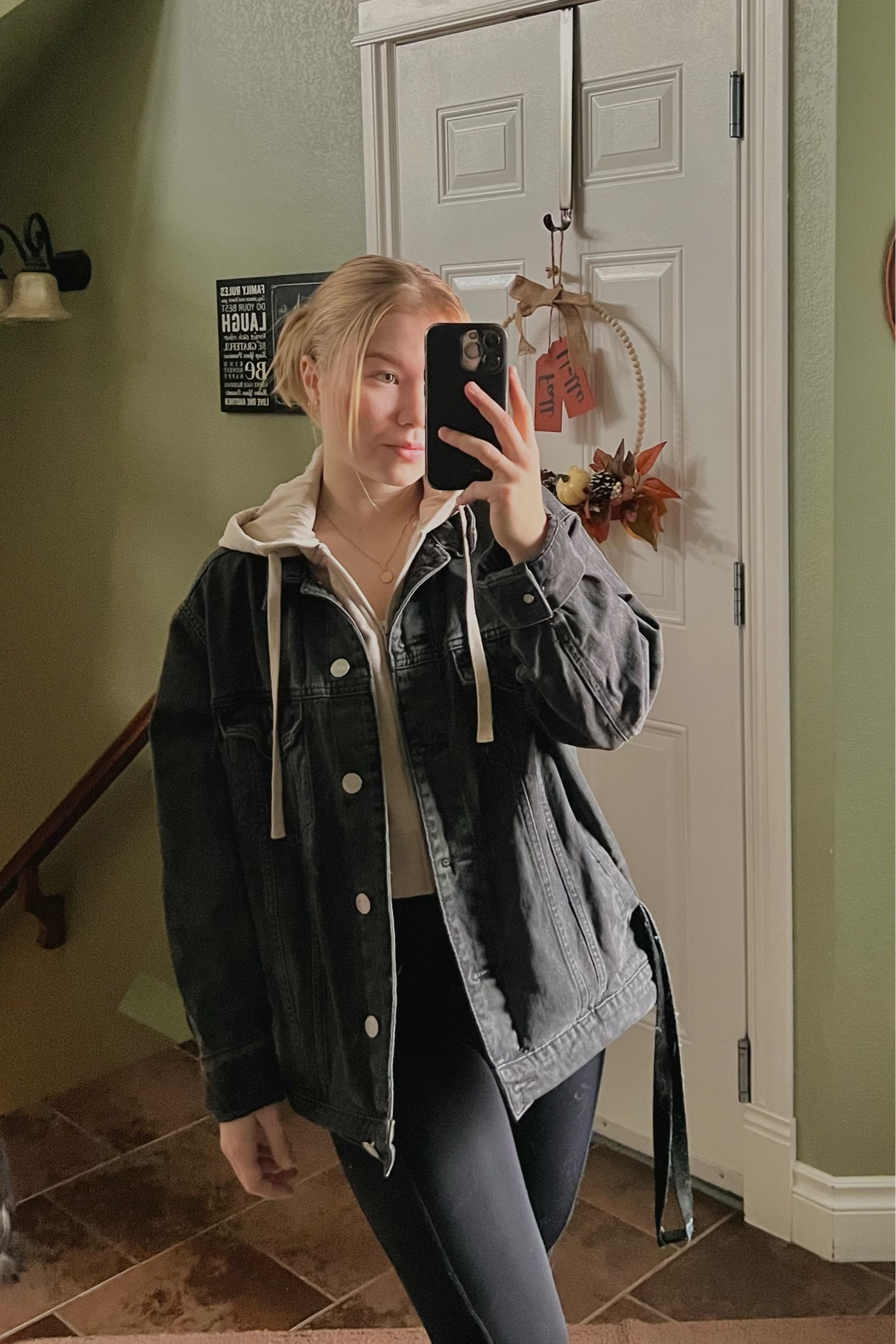 casual fall outfit | beige cropped hoodie with a grey oversized jean jacket and some basic black leggings. 

#LTKstyletip #LTKCyberWeek #LTKHoliday