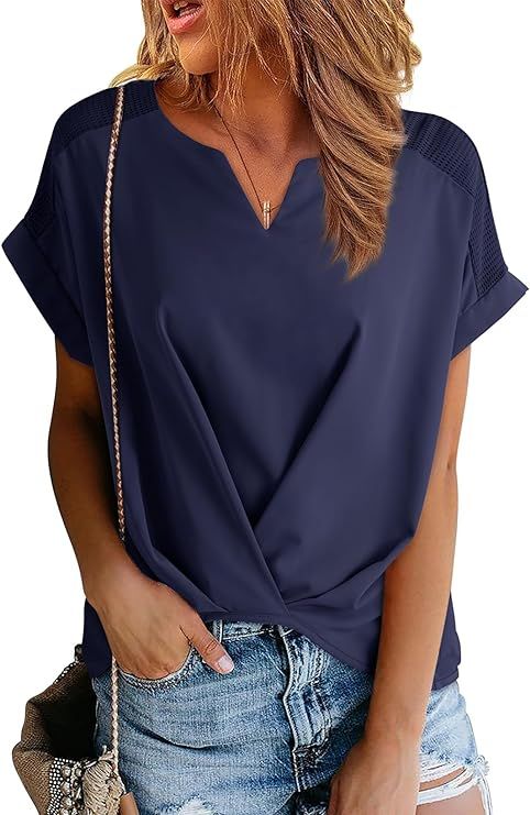 Dokotoo Womens Tops Twist Knot Summer Blouses for Women Business Casual Henley V-Neck Hollow Out ... | Amazon (US)