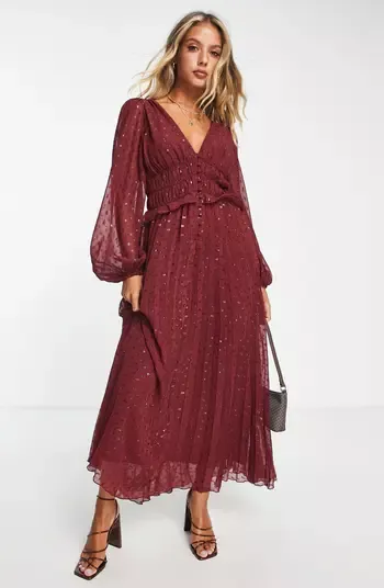 Endless Moments Marsala Satin Long Sleeve Wrap Maxi Dress