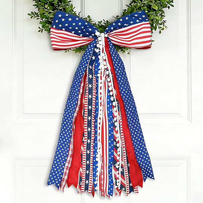 4th of July Decorations - Patriotic Wreath Sash Bow 27x13 Inch - Memorial Day Decor - American Fl... | Amazon (US)