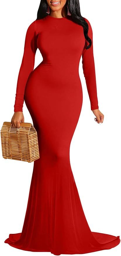 LAGSHIAN Women Elegant Long Sleeve Evening Gown Backless Maxi Mermaid Dress | Amazon (US)