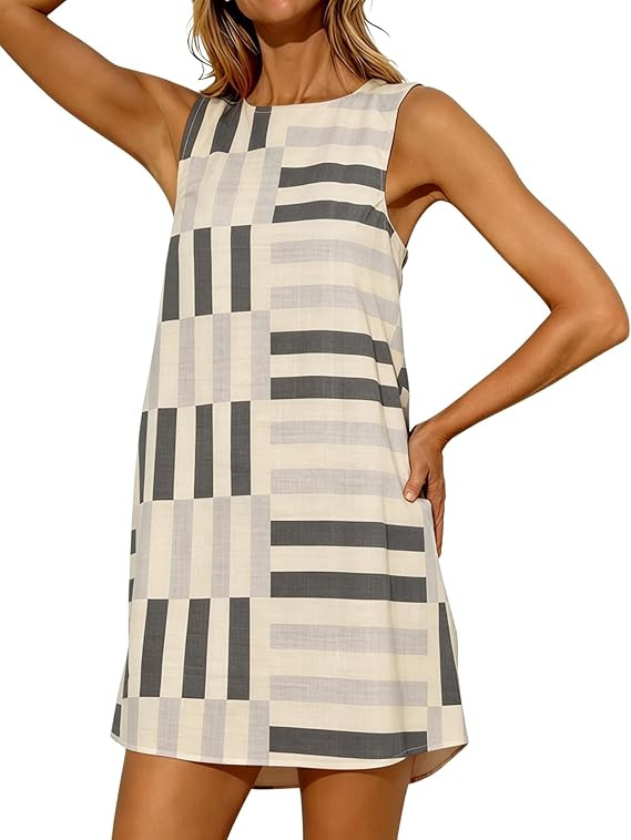 Womens Summer Boho A-Line Mini Dress Casual Color Block Sundress Sleeveless Beach Vacation Coveru... | Amazon (US)