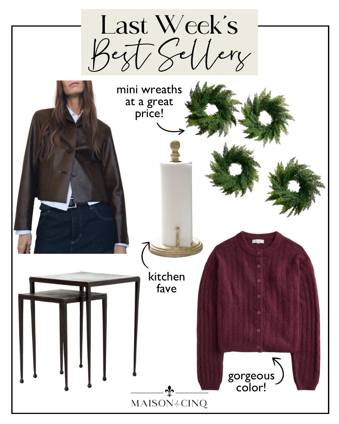 Last week’s best sellers include a gorgeous sweater 30% off, mini wreaths at a great price, my fave paper towel holder, and more!

Home decor, holiday decor, Christmas decor, fall sweater, leather jacket, fall outfit, fall fashion, side table, nesting tables, kitchen decor 

#LTKHome #LTKHoliday #LTKFindsUnder50