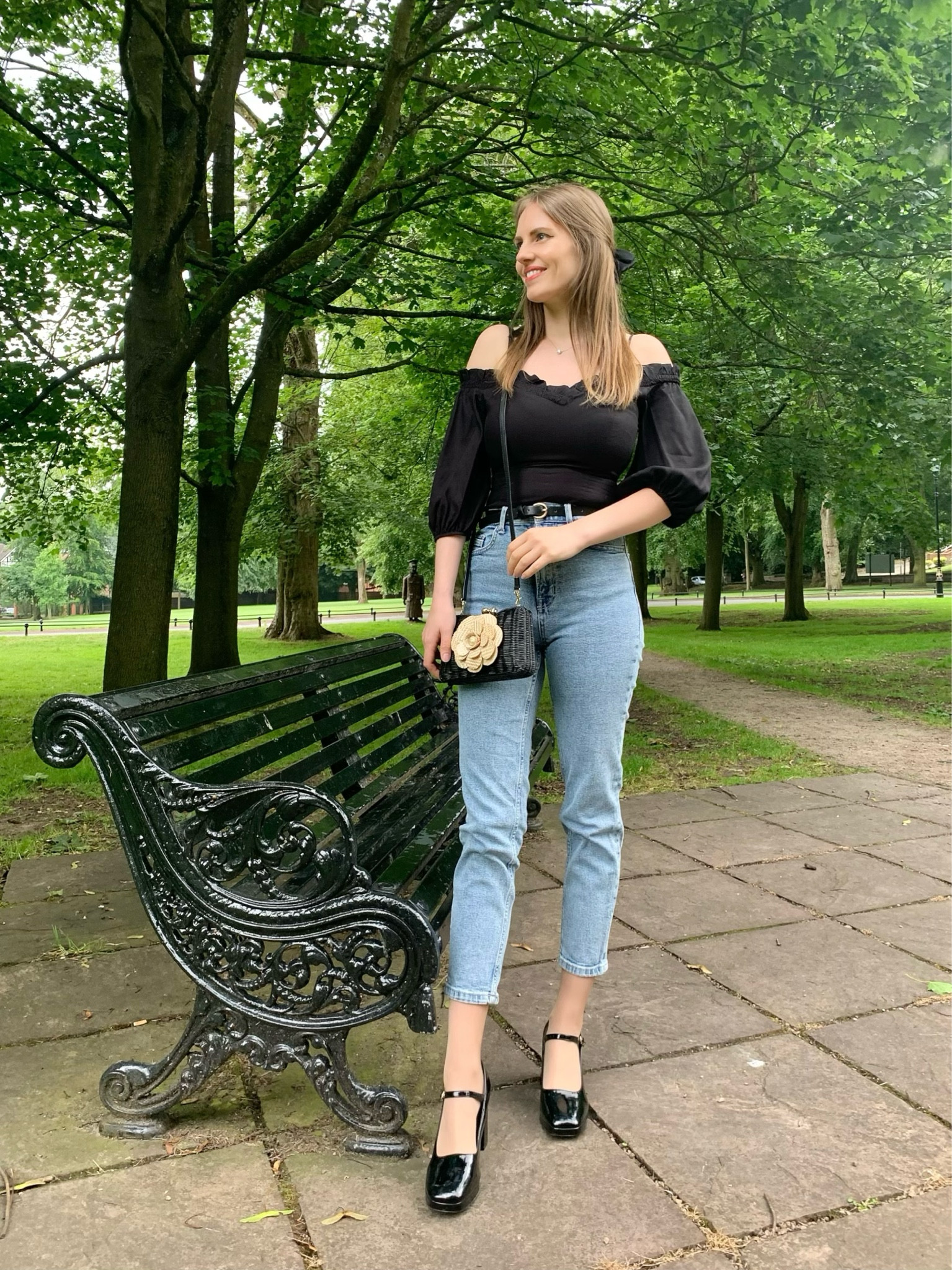 Love this top from Tu Clothing🖤 
Styled it with a light blue slim fit mom jeans from Stradivarius, black high heeled Mary Jane shoes and a black cross body bag from Serpui 🖤

Summer outfit jeans denim look vintage style off shoulder top ruffle top black off shoulder top puff sleeve top high rise jeans mom jeans fave jeans Mary Jane shoes black heels serpui straw bag Chanel style 

#LTKunder50 #LTKstyletip #LTKunder100