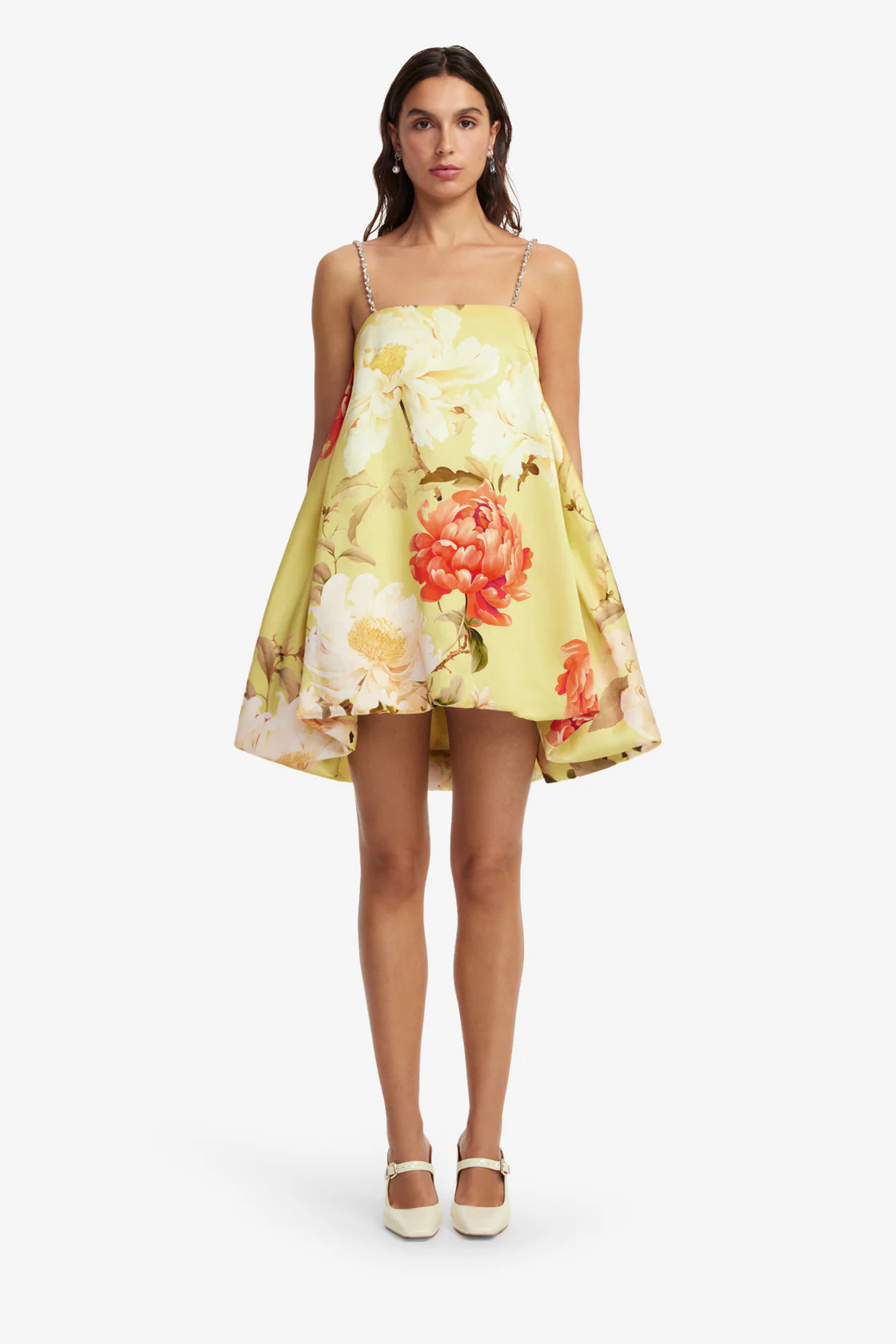 Patsy Embellished Puff Mini Dress - Peony Print in Yellow | LEO LIN US