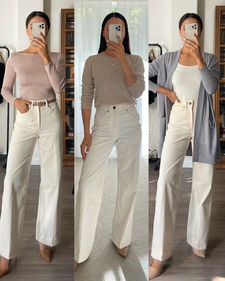 Workwear styling white wide leg jeans 

Blush long sleeve
Milo Jean - great elevated jeans, linked to similar styles 
Nordstrom cardigan 
Seamless tank 

#LTKSeasonal #LTKstyletip