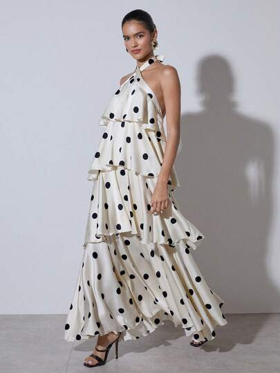 COSMINA Women's Elegant Polka Dot Print Backless Tiered Maxi Dress With Ruffle Hem, Vacation Style Dinner Dress Polkadot Dress,Wedding Guest Dress Women | SHEIN