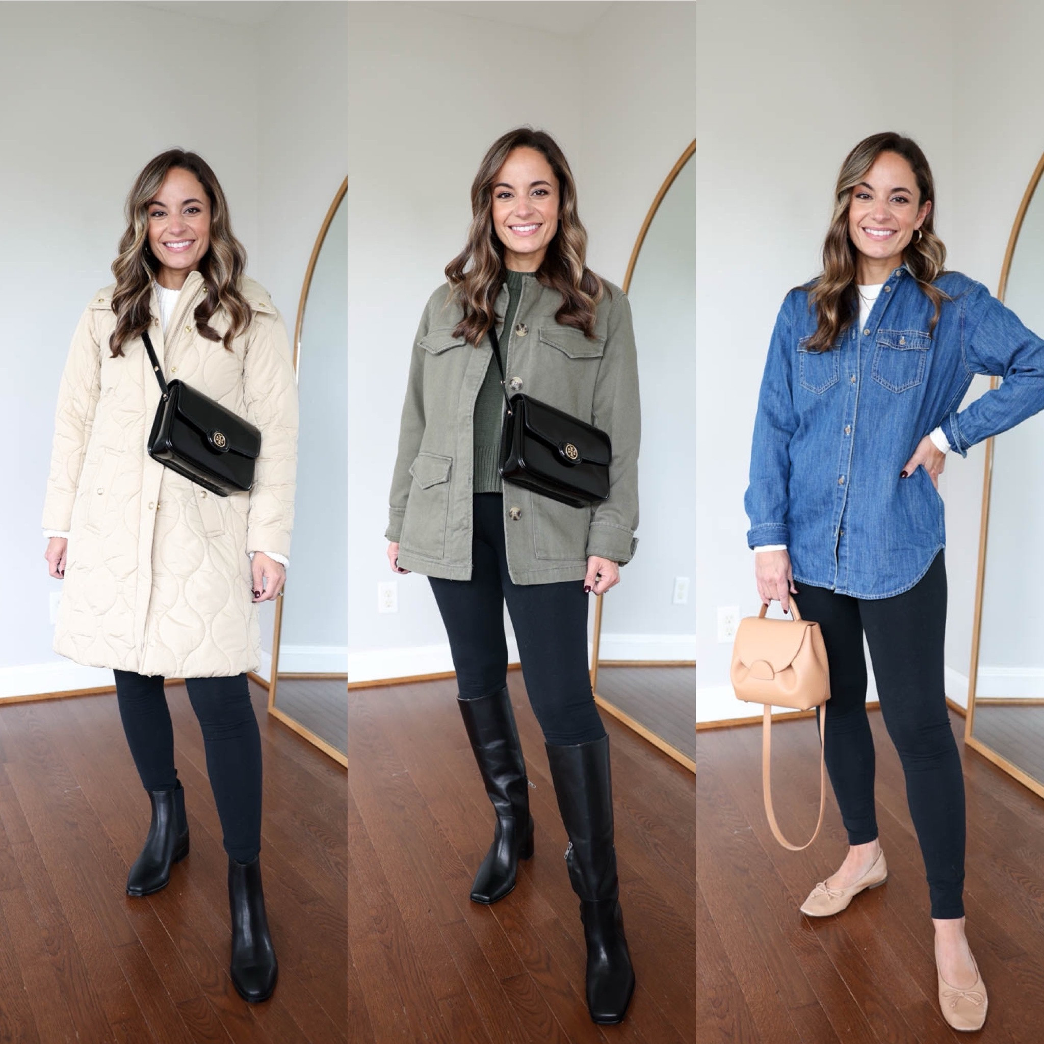 2024 fall casual capsule wardrobe series: leggings 

White sweater (quince): xs 
Green sweater (quince): xs 
Olive jacket (Abercrombie): xxs 
Denim shirt (j.crew): petite xxs 
Puffer coat (j.crew): petite xxs 
White t-shirt (gap): xxs 
Leggings (quince): xs, 24” inseam 


*alternate less expensive options are listed on my blog post for the capsule wardrobe 

My measurements for reference: 4’10” 105lbs bust, waist, hips 32”, 24”, 35” size 5 shoe. 25” inseam measurement to my ankle bone.


#LTKFallSale #LTKSeasonal