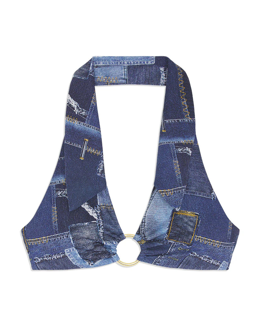 Collar O-Ring Denim Patchwork Bikini Top | We Wore What