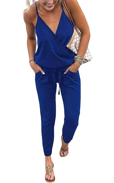 ECOWISH Women's V Neck Spaghetti Strap Drawstring Waisted Long Pants Jumpsuit Rompers | Amazon (US)