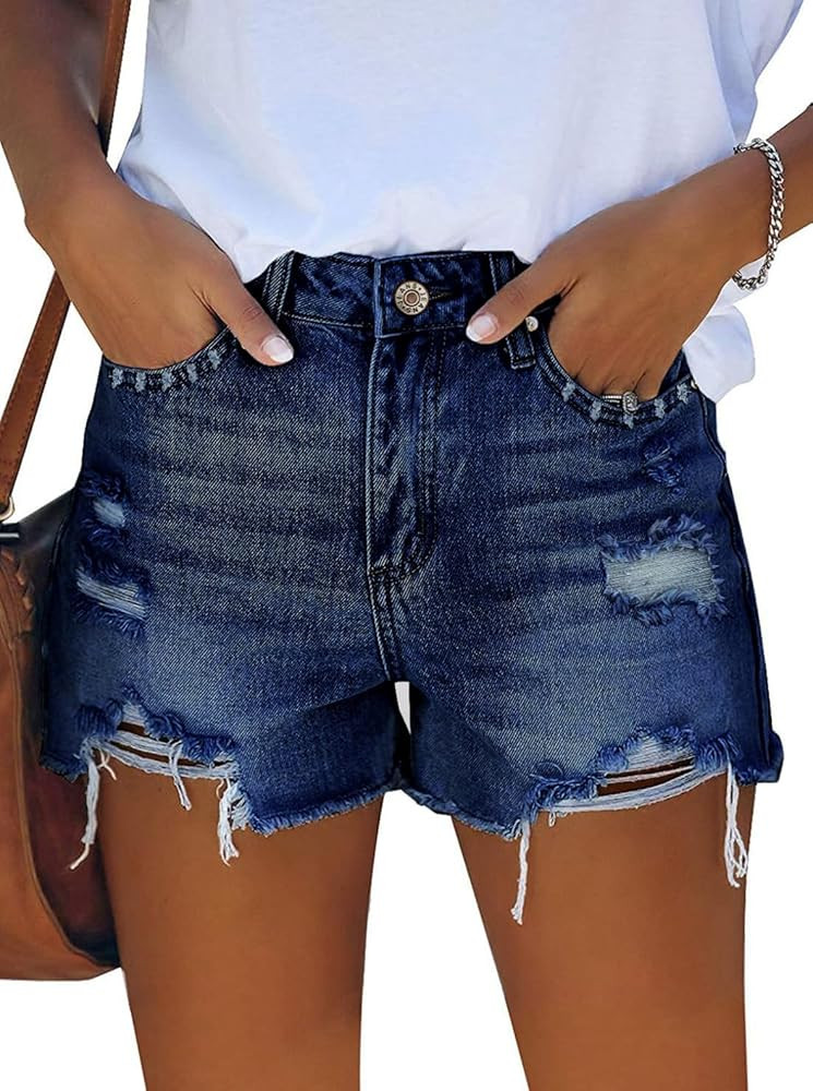 Pink Queen Women's High Waisted Denim Shorts Casual Ripped Summer Hot Short Jeans Frayed Distress... | Amazon (US)