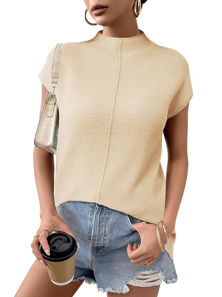Anbech Women's Mock Neck Sleeveless Pullover Sweater Vest Cap Sleeve Knit Summer Tank Tops | Amazon (US)