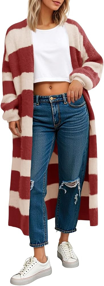 Saodimallsu Womens Striped Long Cardigan Sweaters Open Front Oversized Chunky Fuzzy Knit Fall Dus... | Amazon (US)