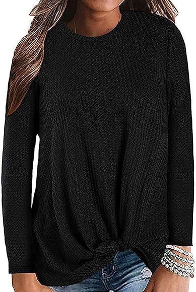 MarinaPrime Womens Waffle Knit/Cotton Blend Twist Knot Pullover Tops Loose Fitting Plain Shirts | Amazon (US)