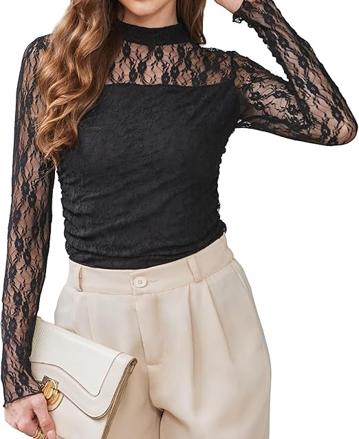Womens Sexy Mesh Long Sleeve Shirts Fashion Clothing Turtle Necks Sheer Ruched Going Out Tops Fal... | Amazon (US)