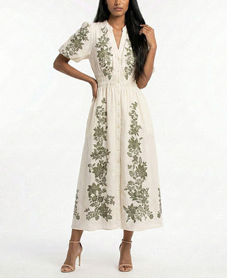 Taylor Women's Puff-Sleeve V-Neck Smocked Waist Shirt Dress - Macy's | Macy's