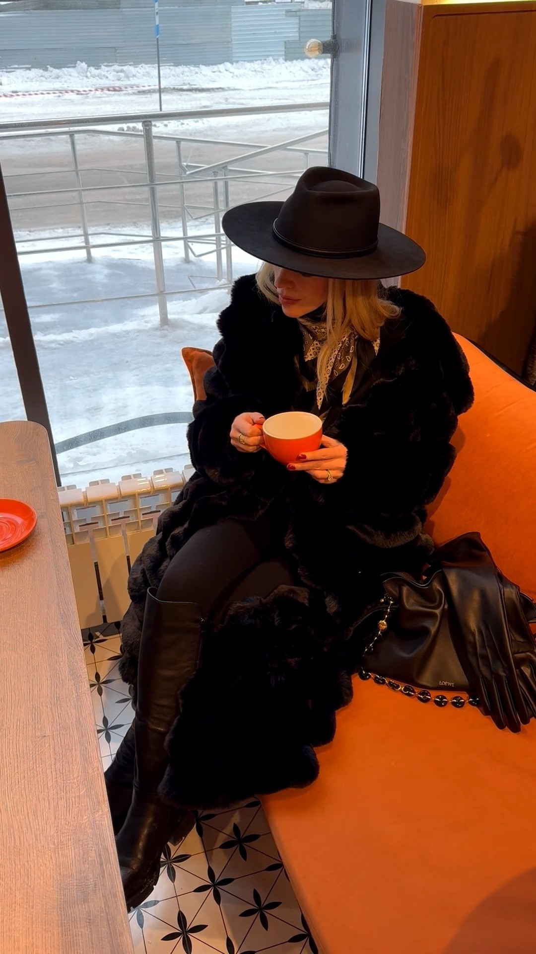 Black faux chinchilla fur coat, all black winter outfit, @Janessa Leone black wool fedora, Max Mara silk scarf, @Spanx leggings, lug sole boots, Loewe Flamenco pouch handbag 

#LTKSeasonal #LTKOver40 #LTKdayinmylife