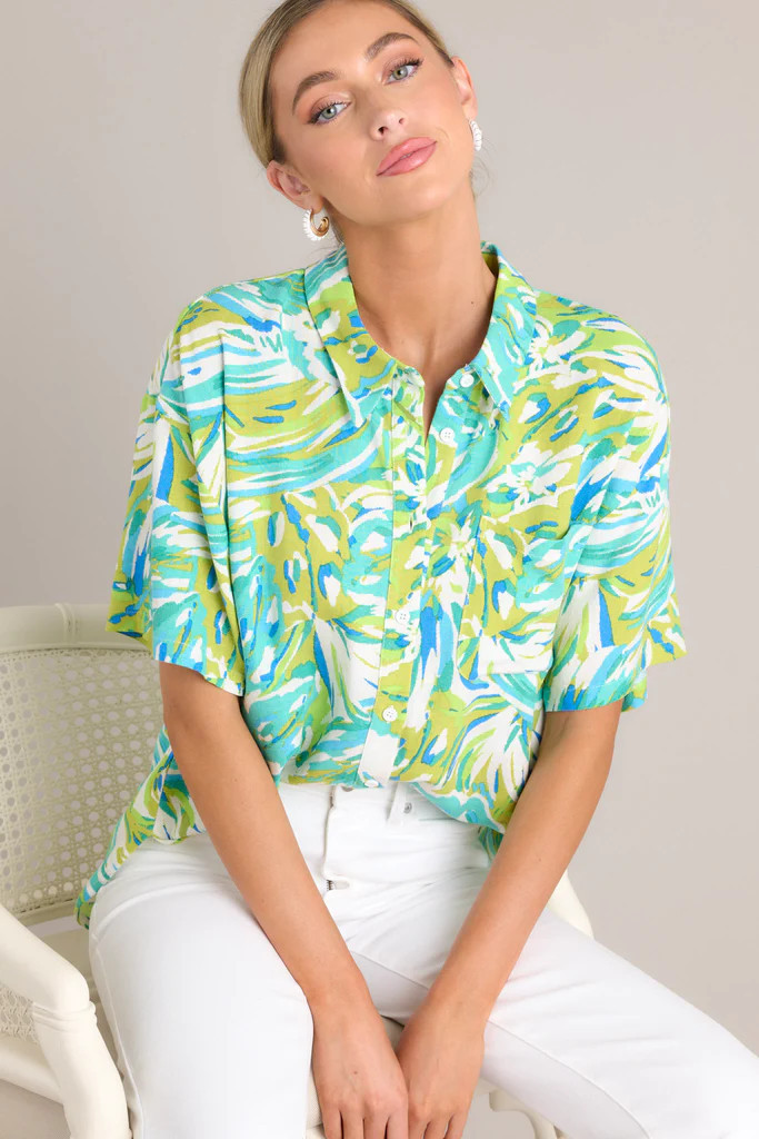 Seaside Escape Teal Tropical Print Button Front Top | Red Dress