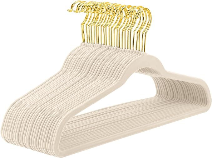 MIZGI Ivory Velvet Hangers 60 Pack,Premium Gold Clothes Hangers Non-Slip Felt Hangers,Sturdy Ivor... | Amazon (US)