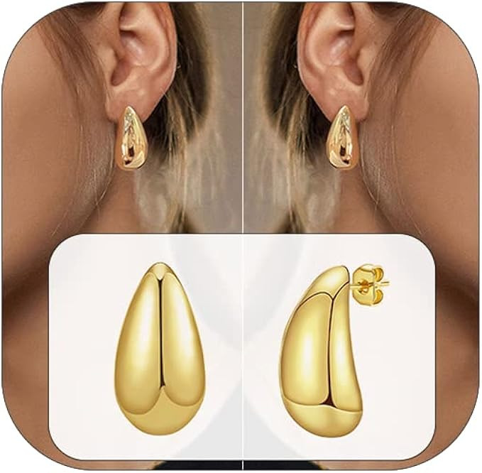 Chunky Hoop Earrings for Women - Lightweight Teardrop Hoops Earrings with 18K Gold Plated Hypoall... | Amazon (US)