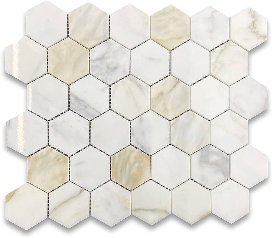 Stone Center Online Calacatta Gold Marble 2 inch Hexagon Mosaic Tile Polished Kitchen Bath Wall F... | Amazon (US)