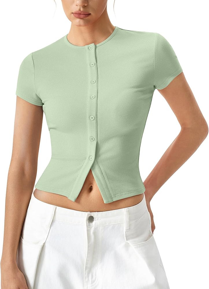 QINSEN Women's Crewneck Short Sleeve T Shirts Ribbed Button Going Out Trendy Tops | Amazon (US)