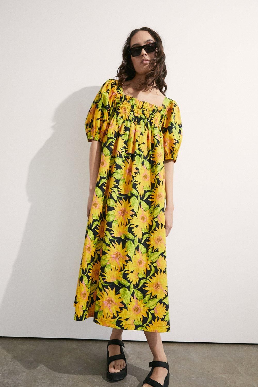 Floral Smocked Square Neck Midi Dress | Warehouse UK & IE