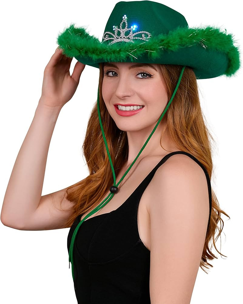 Green Blinking Light Up Tiara Felt Cowboy Cowgirl Dress Up Hat With Feather Trim - Perfect for Ch... | Amazon (US)