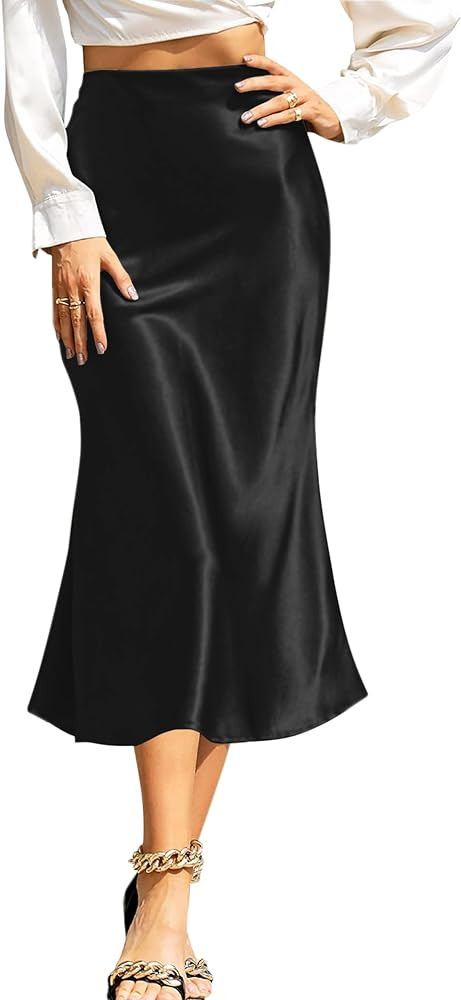 Satin Skirts for Women Trendy, High Waisted Womens Skirts Midi Long Length, Elegant Zipper Flared... | Amazon (US)