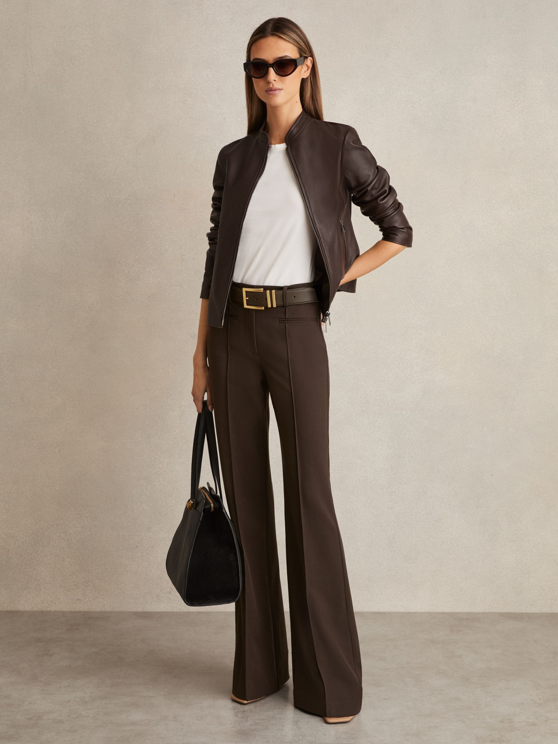 High Rise Flared Trousers in Chocolate Brown | Reiss UK
