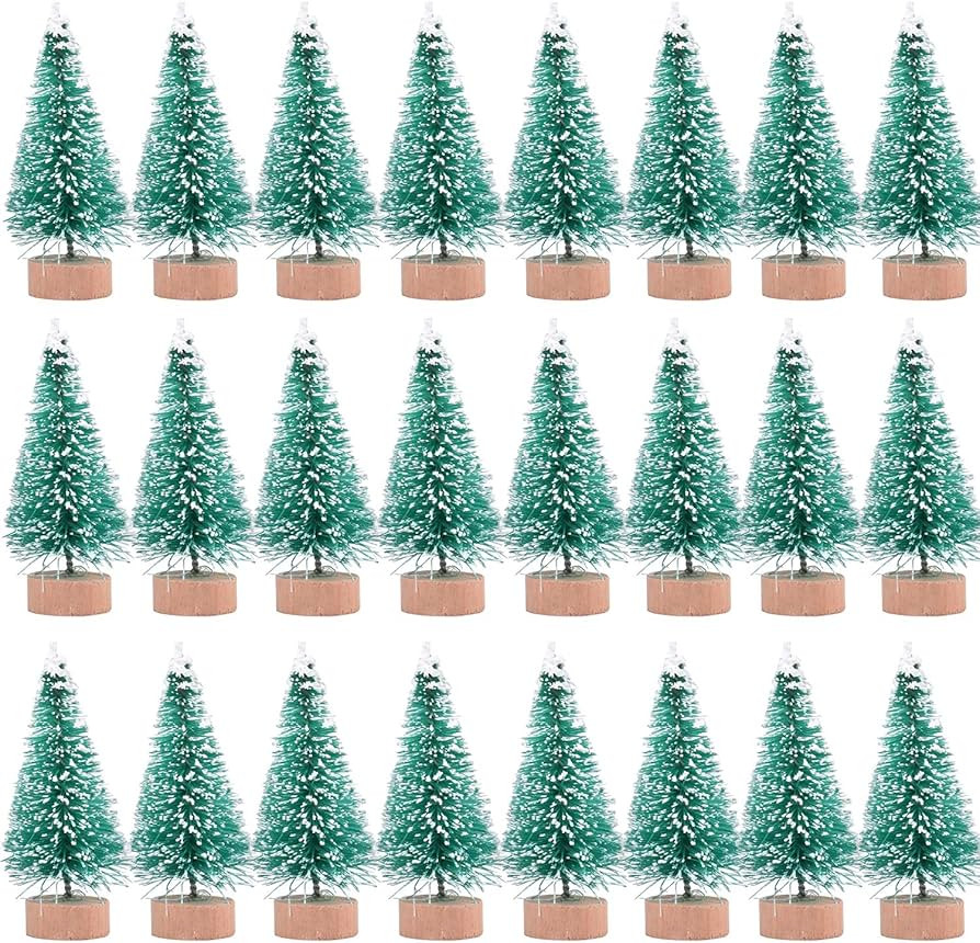 24 Pieces Artificial Mini Christmas Sisal Snow Frost Trees with Wood Base Bottle Brush Trees Plas... | Amazon (US)