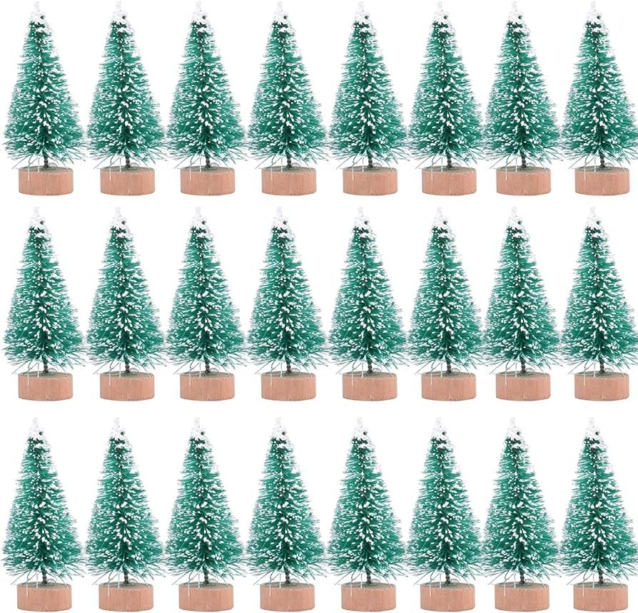 24 Pieces Artificial Mini Christmas Sisal Snow Frost Trees with Wood Base Bottle Brush Trees Plas... | Amazon (US)