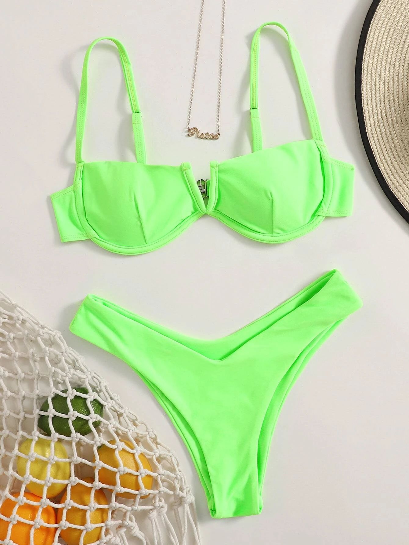 Neon Green V Wired Underwire Bikini Swimsuit | SHEIN