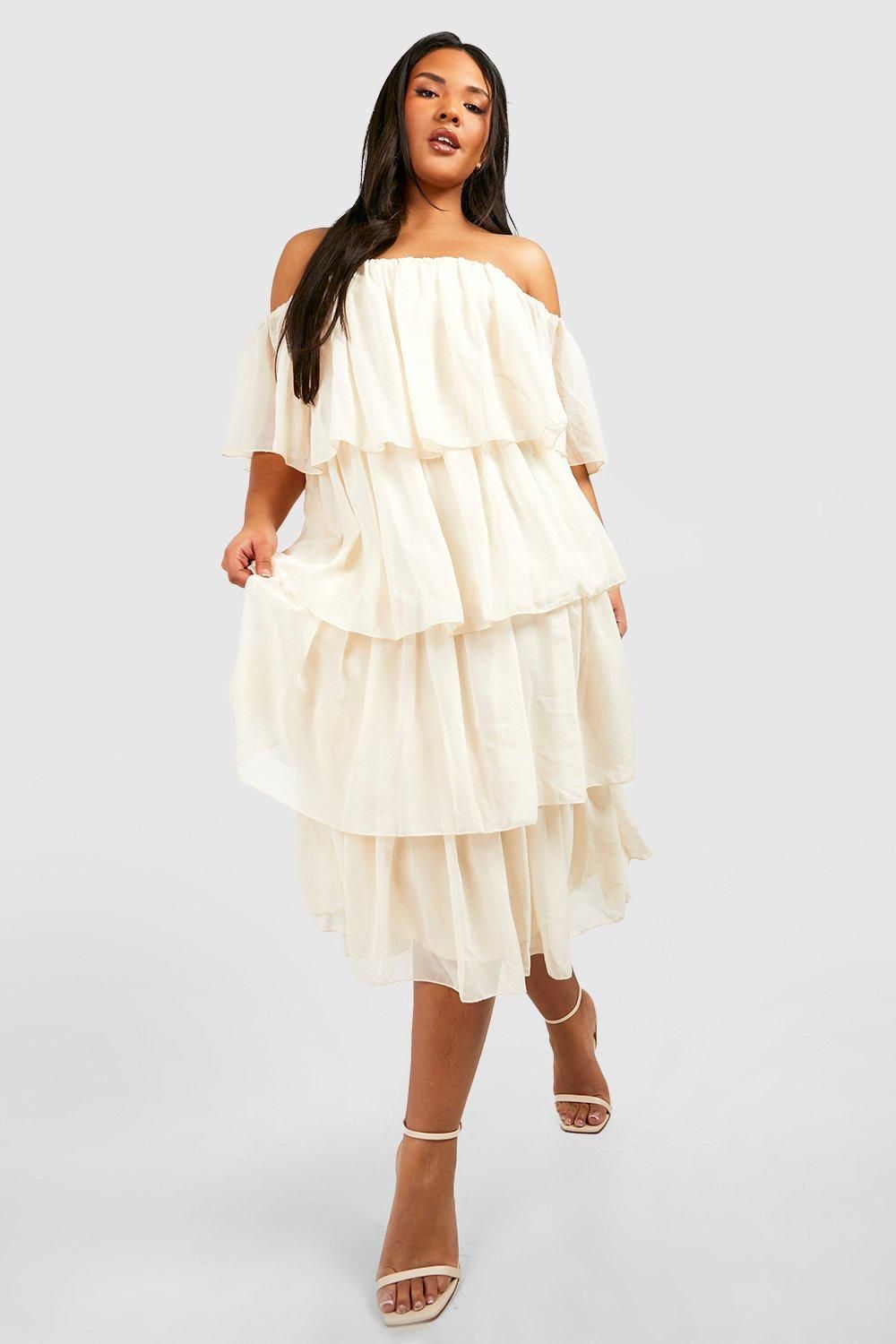 Womens Plus Chiffon Off The Shoulder Ruffle Midi Dress - White - 16 | Boohoo.com (US & CA)