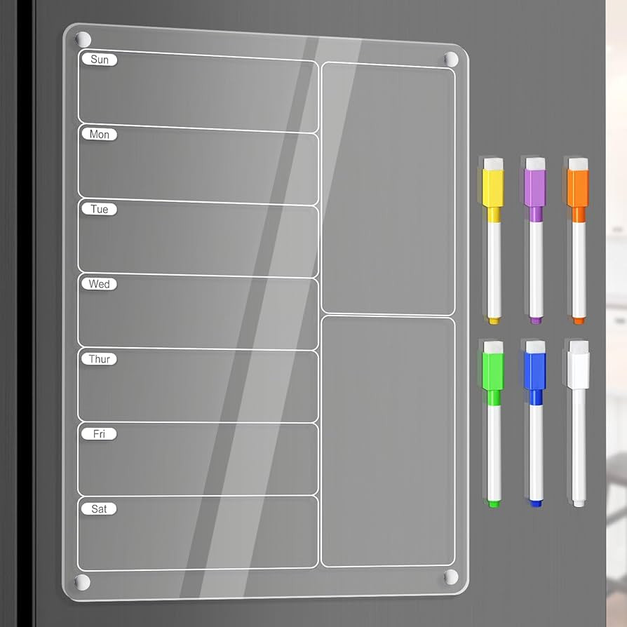 Acrylic Meal Planner Magnetic Menu Board for Kitchen Fridge w/ 6 Markers, Clear Weekly Calendar P... | Amazon (US)