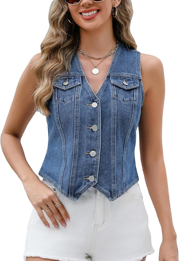Ladyful Denim Vest Top for Women V Neck Jean Vest Waistcoat Button Down Sleeveless Crop Denim Top | Amazon (US)
