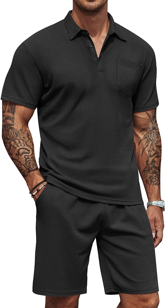 COOFANDY Men's Waffle Knit Polo Shirt and Shorts Set 2 Pieces Outfits Summer Suit Casual Tracksui... | Amazon (US)