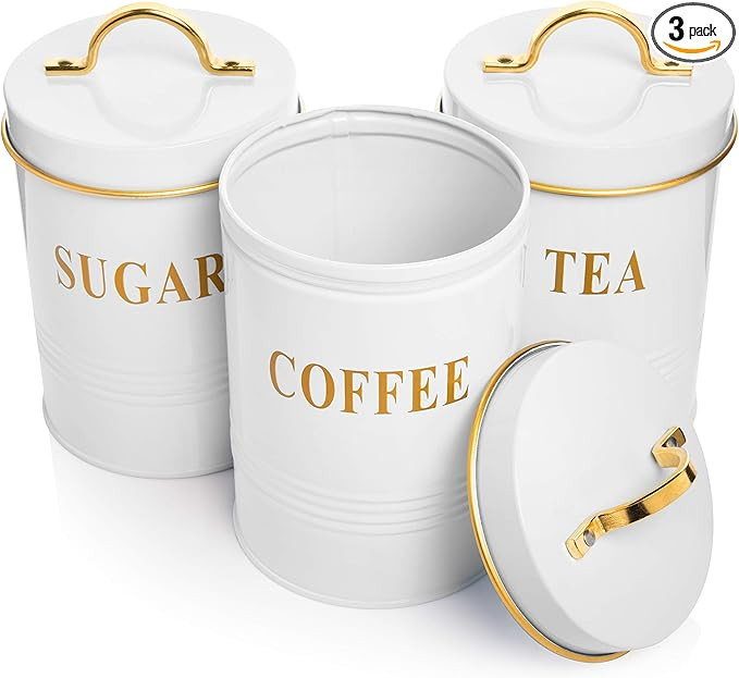 White Tea Coffee Sugar Canister Set with Airtight Lids for Fresher Goods - Farmhouse Canisters fo... | Amazon (US)