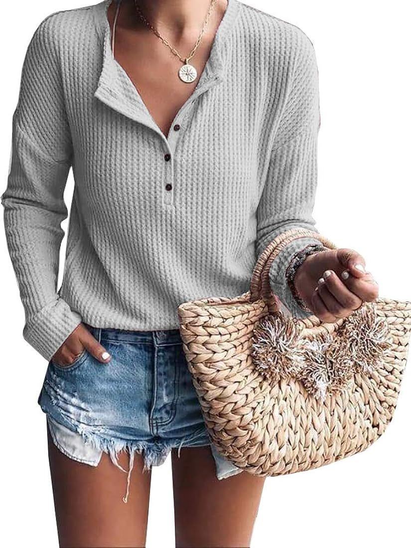 Womens Henley Shirts V Neck Long Sleeve Button Down Tops Warm Waffle Knit Tees | Amazon (US)