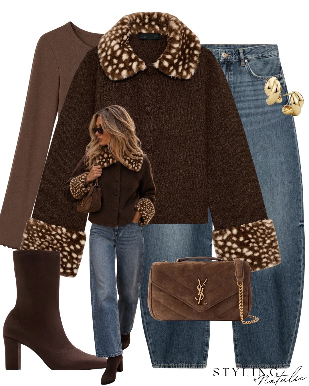 Cardigan with faux fur doe print collar and cuffs, dark denim barrel jeans, Saint Laurent suede bag, gold earrings, brown bodysuit with frill trim, brown sock boots (showing black on the link but if you click there’s an option to buy the brown) @Mejuri @Zara autumn outfit, winter outfit, cool girl, Bambi print, deer print, animal print, casual chic, Parisian style.