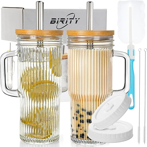 Birity 24oz Ribbed Glass Cup with Lids and Straws,2Pack Glass Tumbler with Handle,Reusable lced C... | Amazon (US)