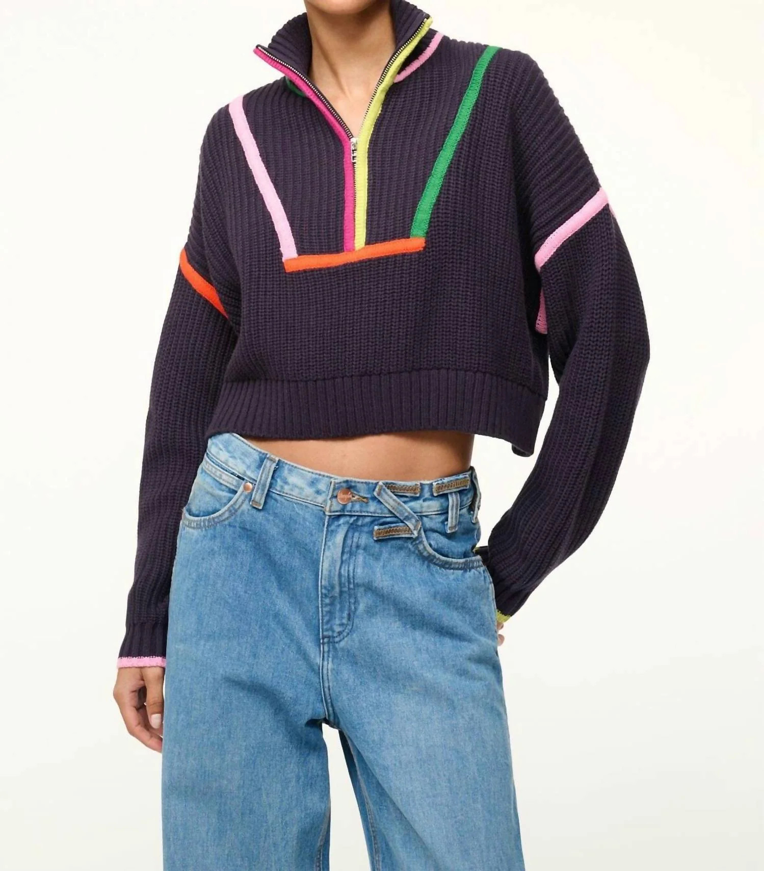 Cropped Hampton Sweater In Navy Multi | Shop Simon