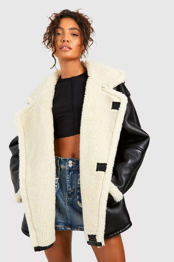 Tall Borg Trim Oversized Aviator Jacket | boohoo (US & Canada)